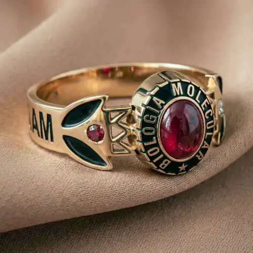 Anillo de graduación estilo nuevo modelo andromeda con piedras rojas hecho en oro 18k